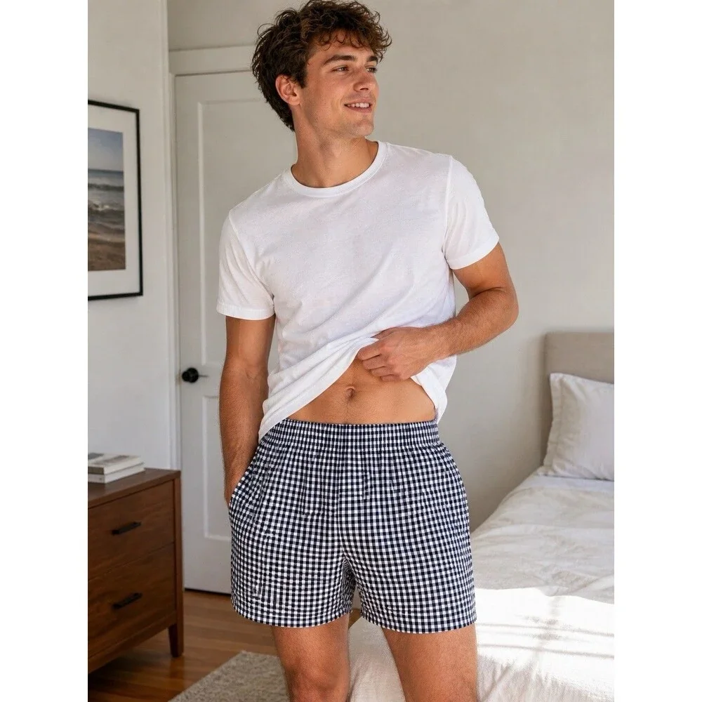 J Crew Boxers Mens M‎ Navy Blue Gingham Cotton Sleep L Shorts BV599 Loungewear